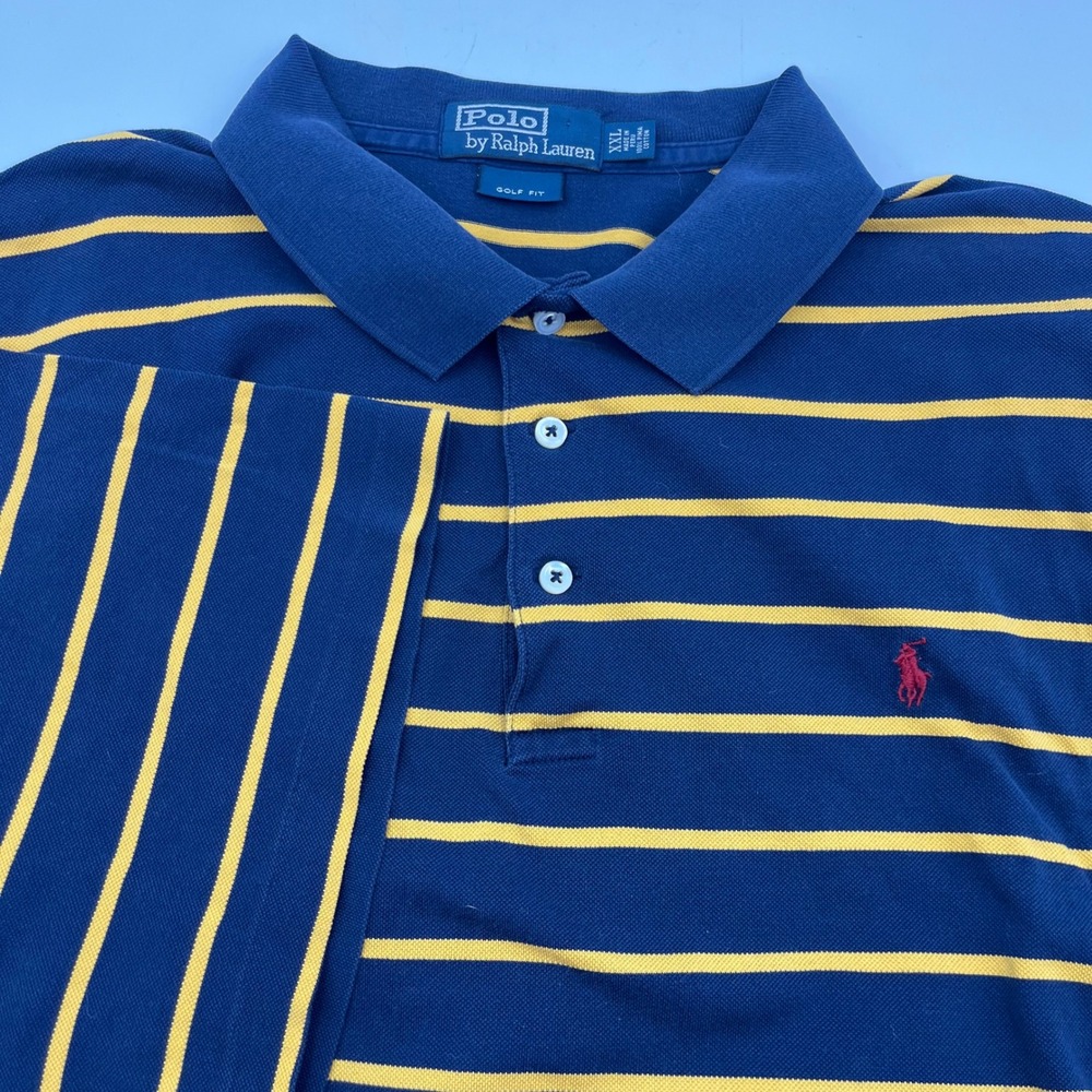 Polo Ralph Lauren Mens XXL Navy Yellow Striped Pima Cotton Golf Fit Polo Shirt
